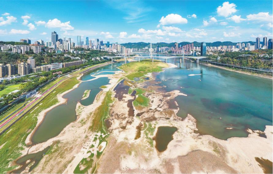 8月16日，渝中區(qū)珊瑚壩，長江水位下降，部分江灘裸露。近期，受持續(xù)高溫少雨天氣影響，四川、重慶等地先后出現(xiàn)不同程度旱情。導致進入主汛期后長江、嘉陵江水位持續(xù)退落，出現(xiàn)了“汛期反枯”的現(xiàn)象。據(jù)了解，截至8月15日8時，重慶33個區(qū)縣部分地區(qū)土壤不同程度缺墑，全市51條河流斷流，24座水庫干涸，2138眼機電井出水不足。首席記者 龍帆 實習生 尹詩語 攝/視覺重慶