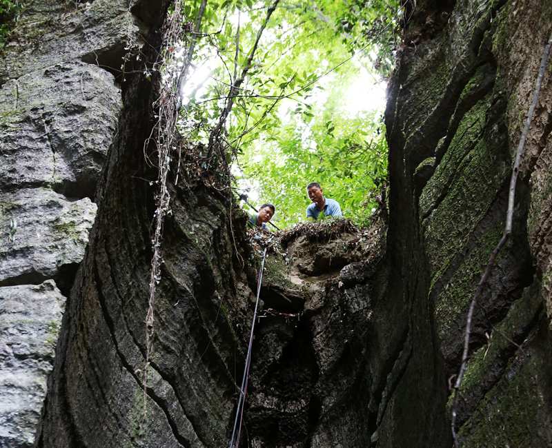抗旱保供水專班人員在新花村一山洞查看水源。楊敏攝