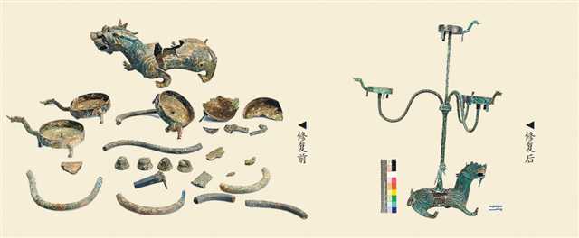 辟邪座青銅連枝燈修復(fù)前后對(duì)比。(重慶中國(guó)三峽博物館供圖)