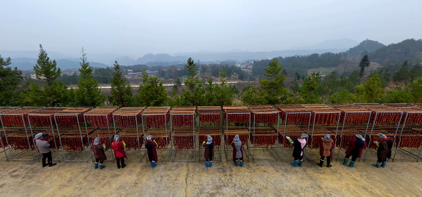 村民在寒風(fēng)中忙晾曬。?冉孟軍攝