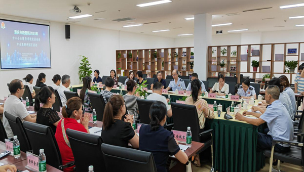 在重慶市九龍坡區(qū)西彭鋁產(chǎn)業(yè)園，稅務(wù)人員與企業(yè)座談，解答企業(yè)疑問(wèn)。劉澤亮攝