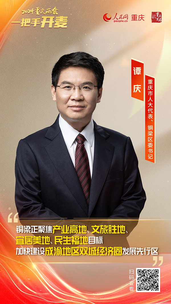                譚 慶                重慶市人大代表、銅梁區(qū)委書記                                            銅梁奮力打造成渝中部產(chǎn)業(yè)新高地                                           2024重慶兩會期間，重慶市人大代表、銅梁區(qū)委書記譚慶在接受人民網(wǎng)專訪時(shí)表示，銅梁區(qū)確定了新一年全區(qū)的地區(qū)生產(chǎn)總值增長6.5%以上的年度工作目標(biāo)，全力推進(jìn)改革、開放、科技、創(chuàng)新和人才工作，加快建設(shè)成渝地區(qū)雙城經(jīng)濟(jì)圈發(fā)展先行區(qū)，奮力打造成渝中部產(chǎn)業(yè)新高地。                [ 查看詳情 ]              