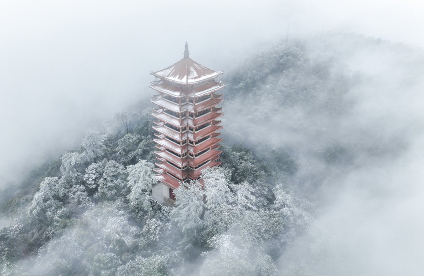 1月22日，北碚區(qū)縉云山白雪皚皚，景色迷人。特約攝影 秦廷富/視覺重慶