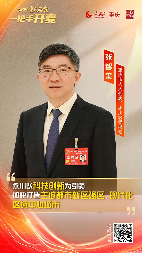                張智奎                重慶市人大代表、永川區(qū)委書記                                            永川以科技創(chuàng)新為引領(lǐng) 加快打造現(xiàn)代化區(qū)域中心城市                                           2024重慶兩會期間，重慶市人大代表、永川區(qū)委書記張智奎在接受人民網(wǎng)專訪時(shí)表示，永川區(qū)將以科技創(chuàng)新為引領(lǐng)，加快打造主城都市新區(qū)強(qiáng)區(qū)、現(xiàn)代化區(qū)域中心城市。                [ 查看詳情 ]              