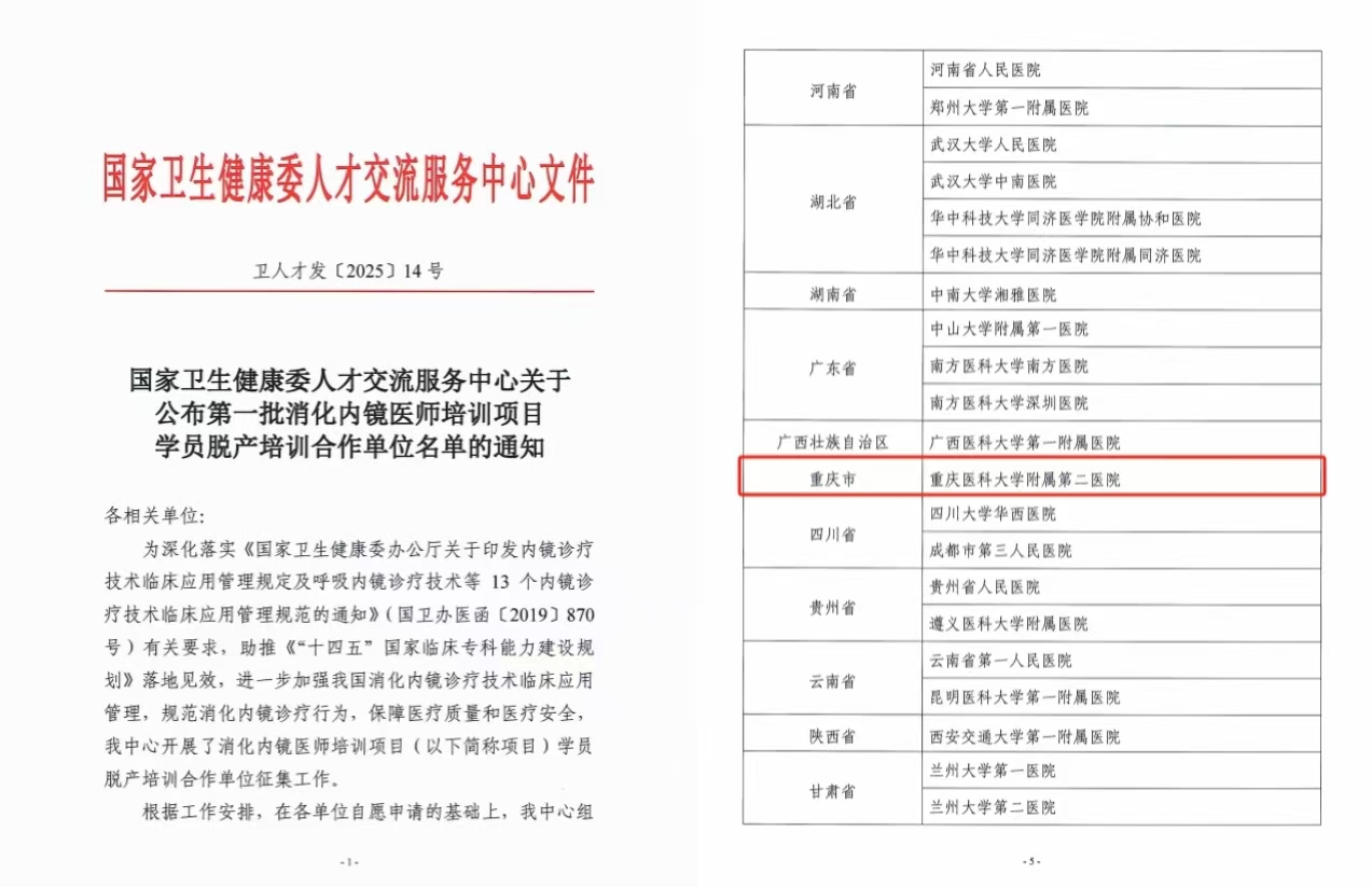 國(guó)家首批消化內(nèi)鏡培訓(xùn)項(xiàng)目學(xué)員脫產(chǎn)培訓(xùn)合作單位名單。 重慶醫(yī)科大學(xué)附屬第二醫(yī)院供圖