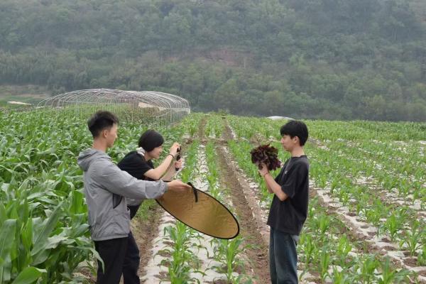 學生們在田間做宣傳。龐穎鑫攝