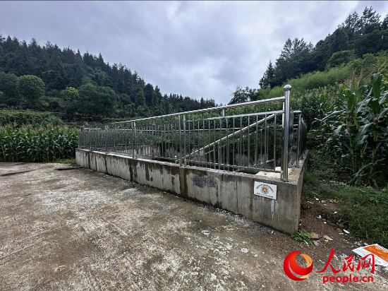 出現(xiàn)滲漏的洞口村高標(biāo)準(zhǔn)農(nóng)田1號(hào)蓄水池。人民網(wǎng)記者 游天燚攝