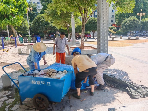 社區(qū)黨員與環(huán)衛(wèi)工人一同進(jìn)行社區(qū)環(huán)境治理。棲霞鎮(zhèn)供圖