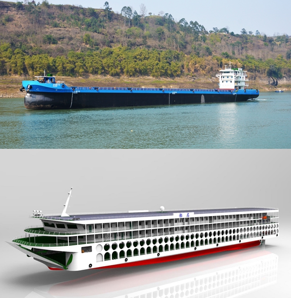 永盛實(shí)業(yè)船舶更新前后對(duì)比圖（上為傳統(tǒng)游船，下為擬建新能源客滾船設(shè)計(jì)圖）。恒豐銀行重慶分行供圖 第1眼TV-華龍網(wǎng)發(fā)