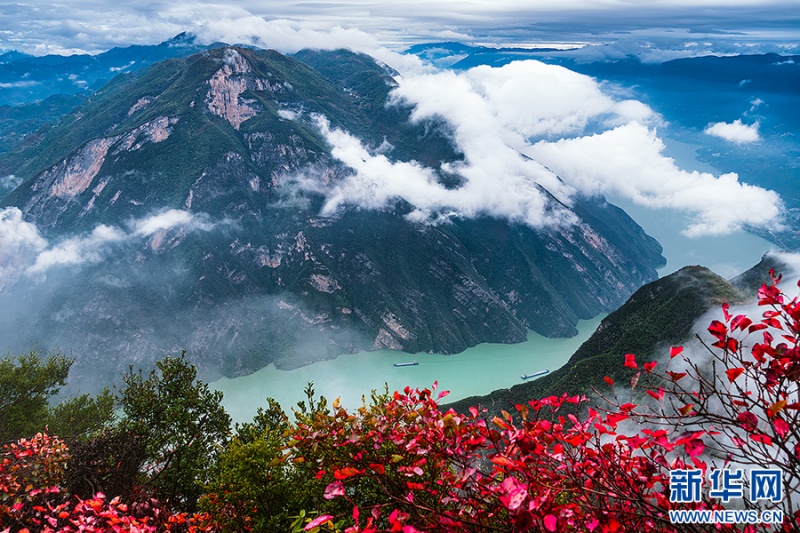 紅葉映著碧綠江水，船行其間，山水相映成畫(huà)。新華網(wǎng)發(fā)（王思政 攝）